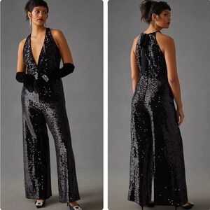 NEW NWT Anthropologie Hutch Sequin Halter Jumpsuit In Black